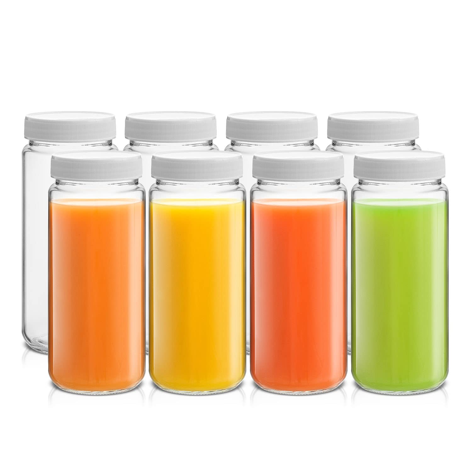 JoyJolt 16 oz Reusable Glass Bottles with Caps. Set of 8 Juicing Bottles With Lids and Juice Jars Labels. Glasses for Cold Brew Bottles  Smoothie
